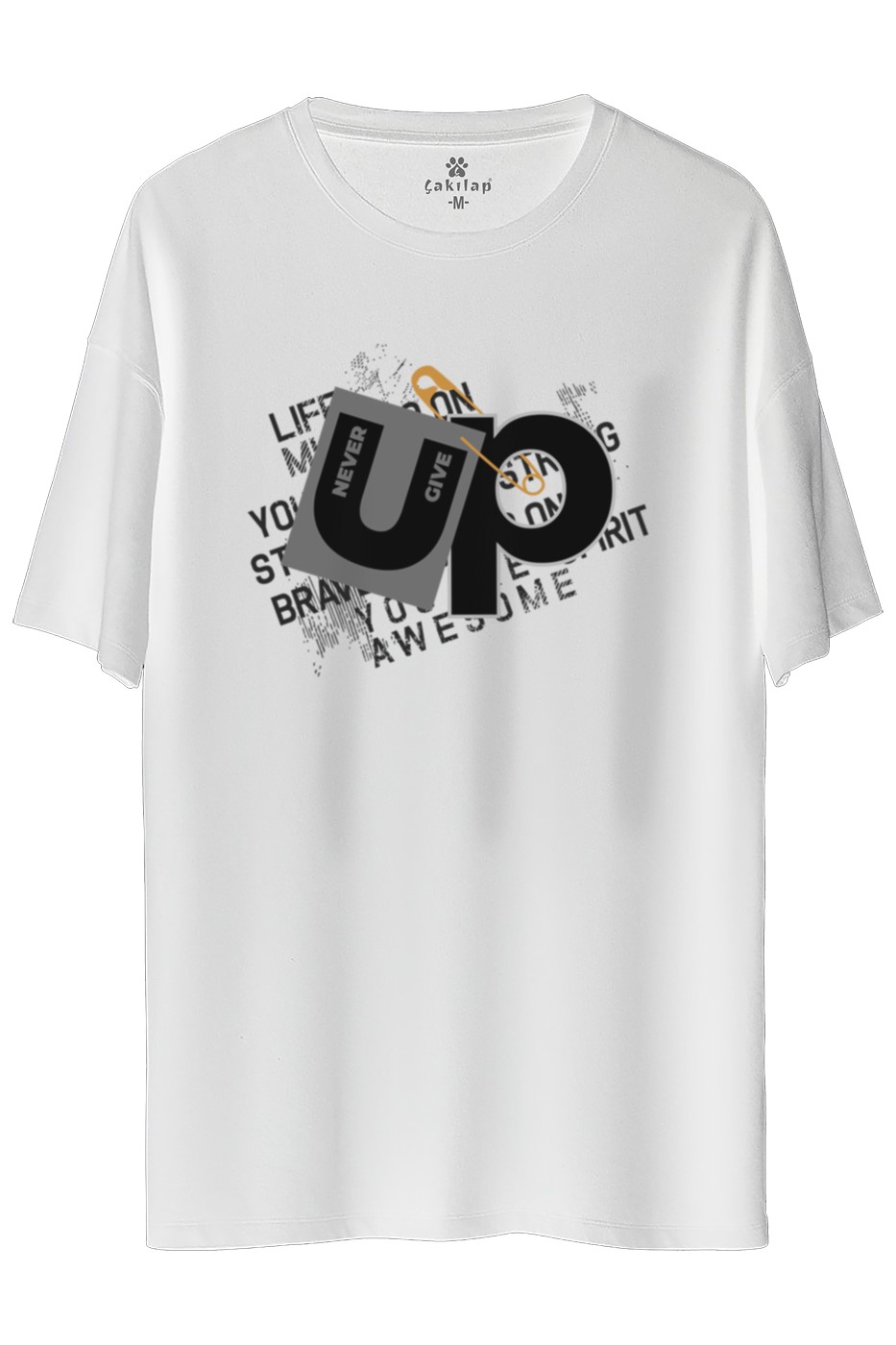 Never Give Up Baskılı Oversize Tişört